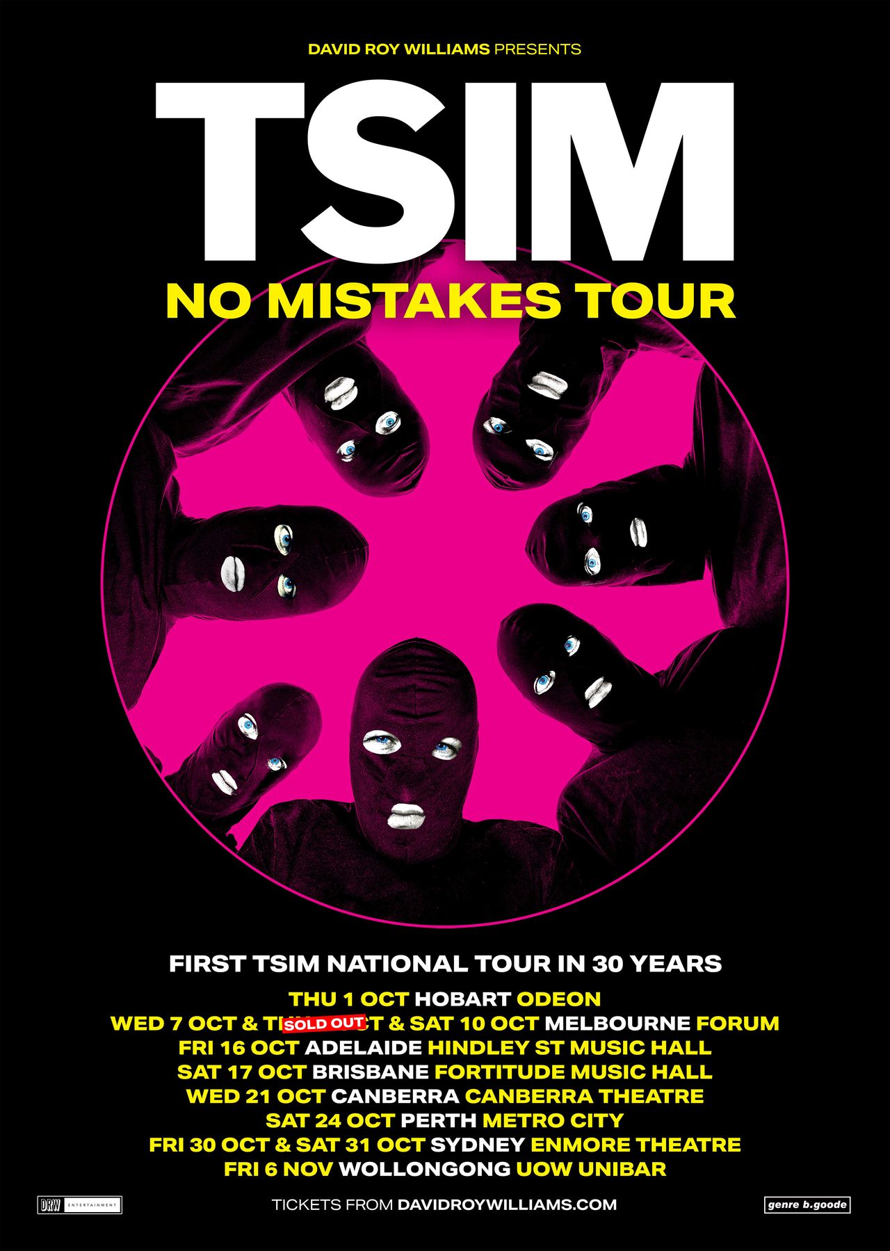 Tour poster for TISM's 'No Mistakes' tour featuring masked members looking down inside a pink circle on a black background.